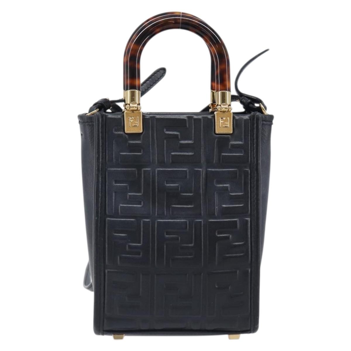FENDI Zucca Hand Bag Leather 2way Black Gold Tone 8BS051 Auth 207767A