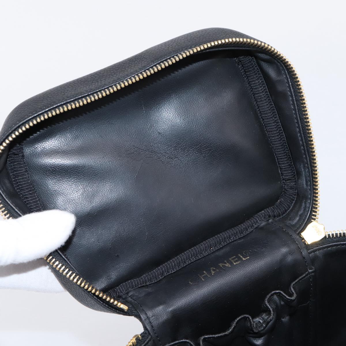 CHANEL Vanity Hand Bag Caviar Skin Black Gold CC Auth 207779A