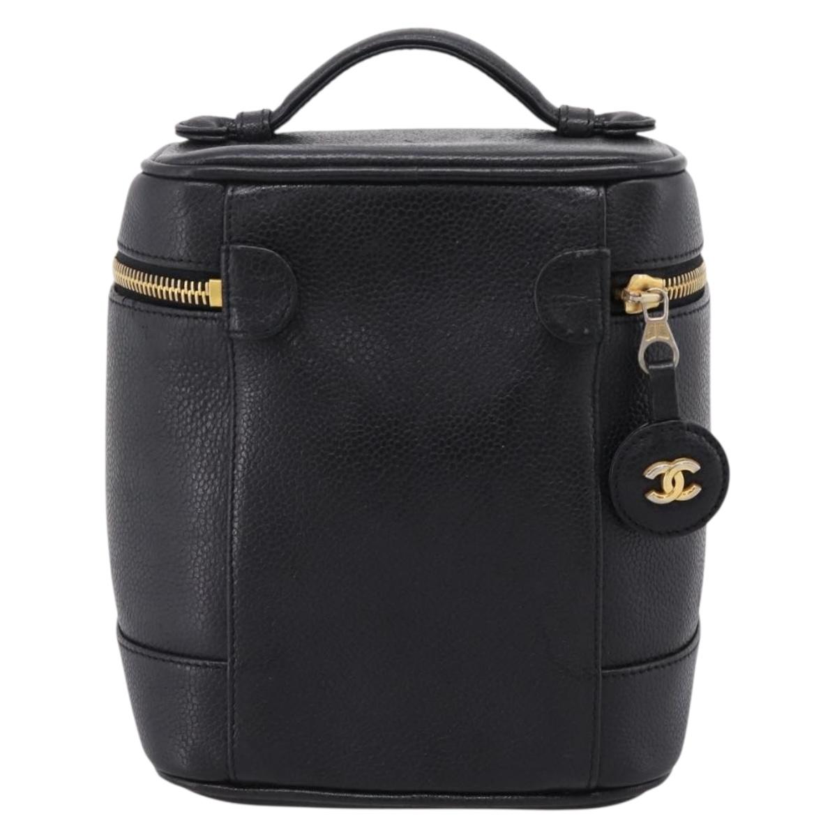 CHANEL Vanity Hand Bag Caviar Skin Black Gold CC Auth 207779A