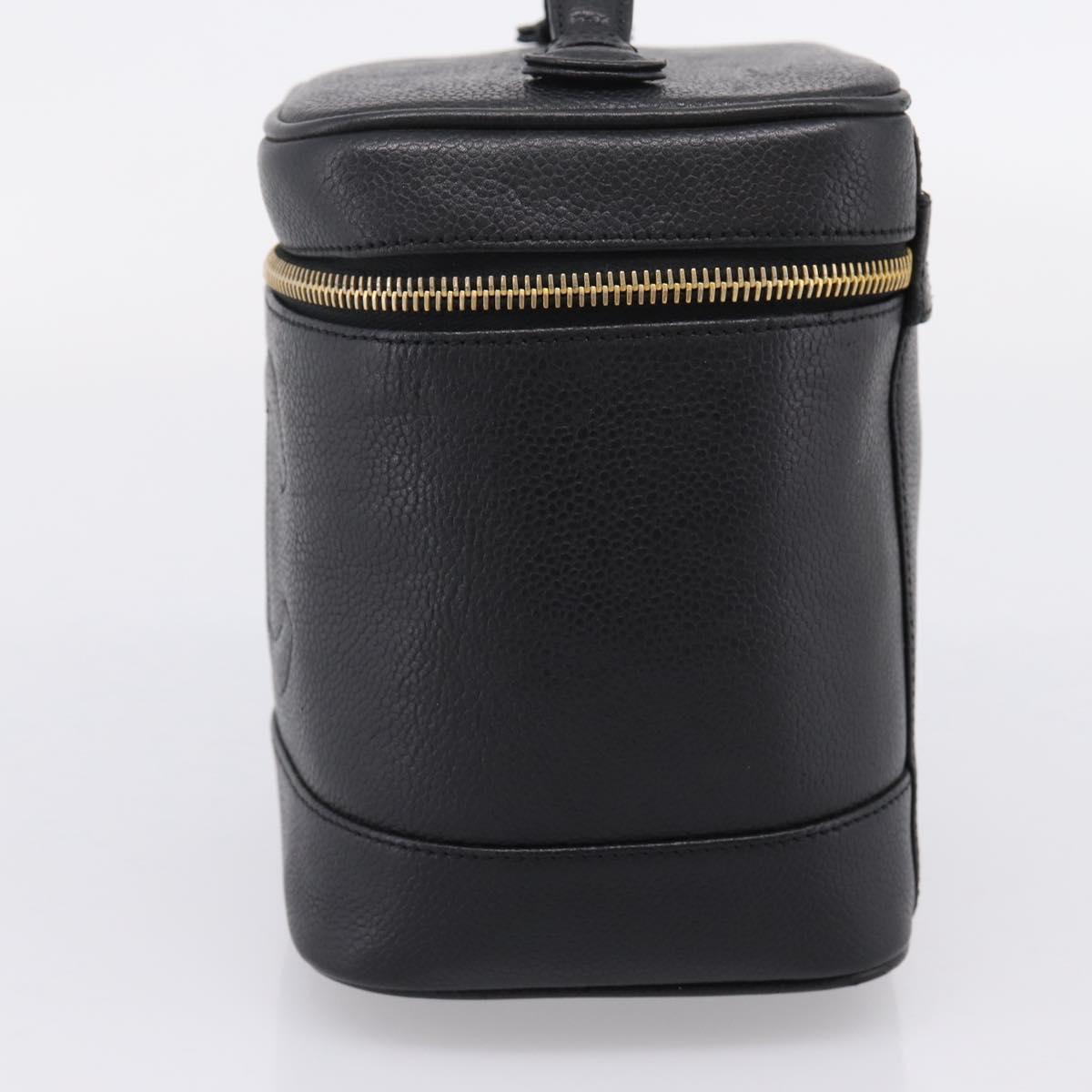 CHANEL Vanity Hand Bag Caviar Skin Black Gold CC Auth 207779A