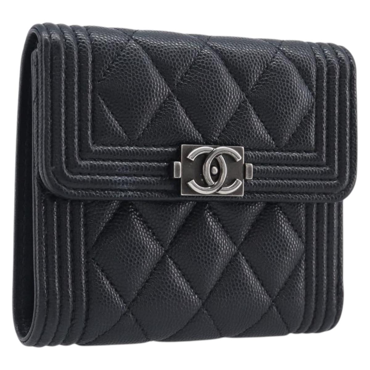 CHANEL Matelasse Compact Wallet Caviar Skin Black Silver CC Auth 207781V