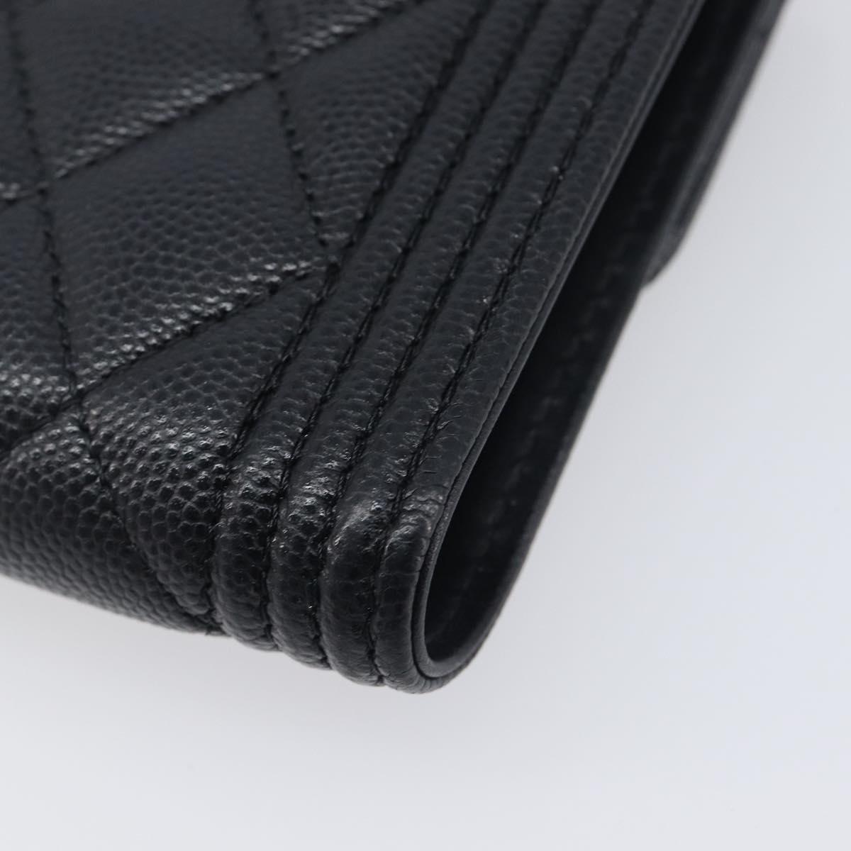 CHANEL Matelasse Compact Wallet Caviar Skin Black Silver CC Auth 207781V