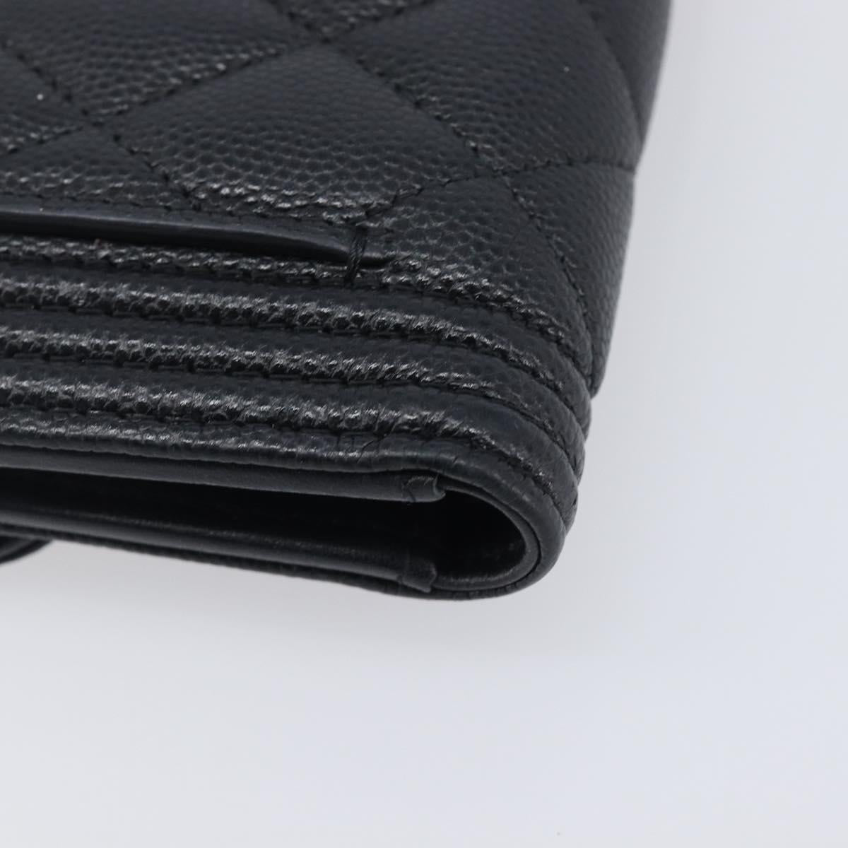 CHANEL Matelasse Compact Wallet Caviar Skin Black Silver CC Auth 207781V
