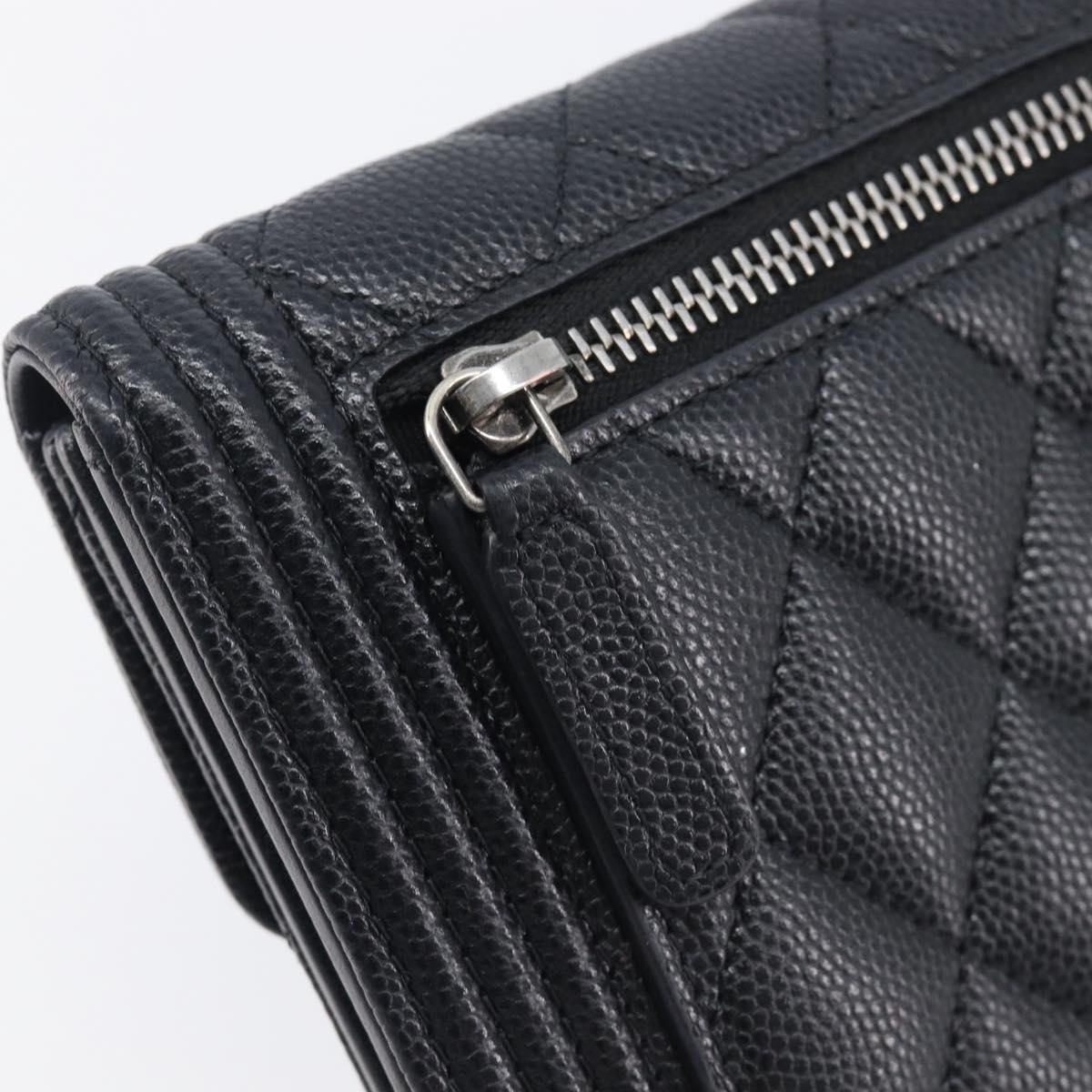 CHANEL Matelasse Compact Wallet Caviar Skin Black Silver CC Auth 207781V
