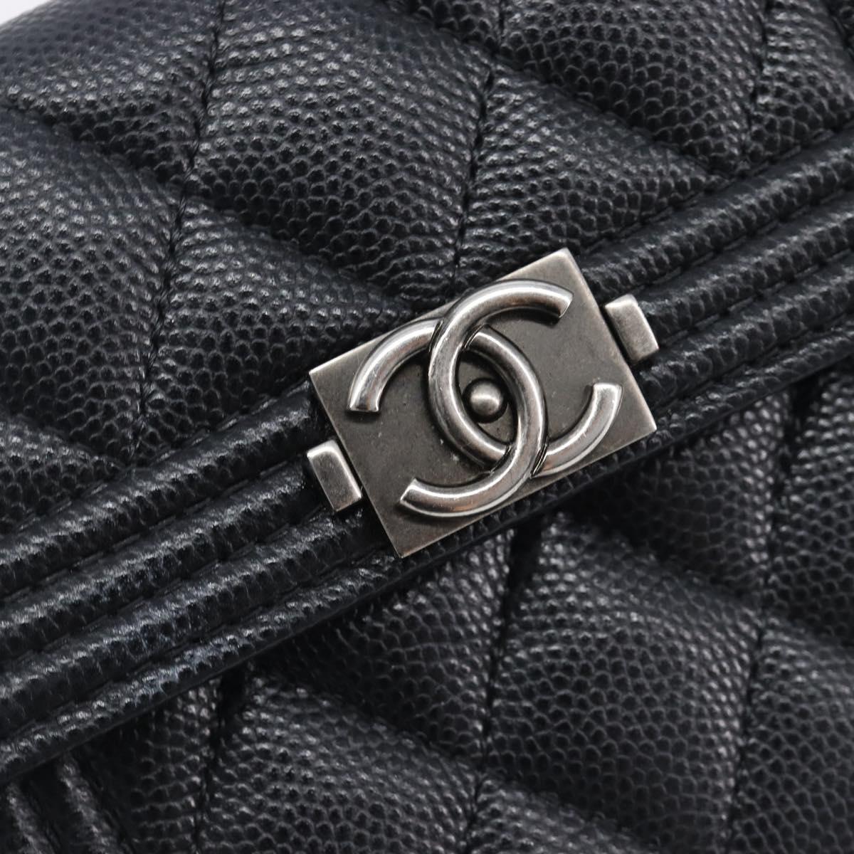 CHANEL Matelasse Compact Wallet Caviar Skin Black Silver CC Auth 207781V
