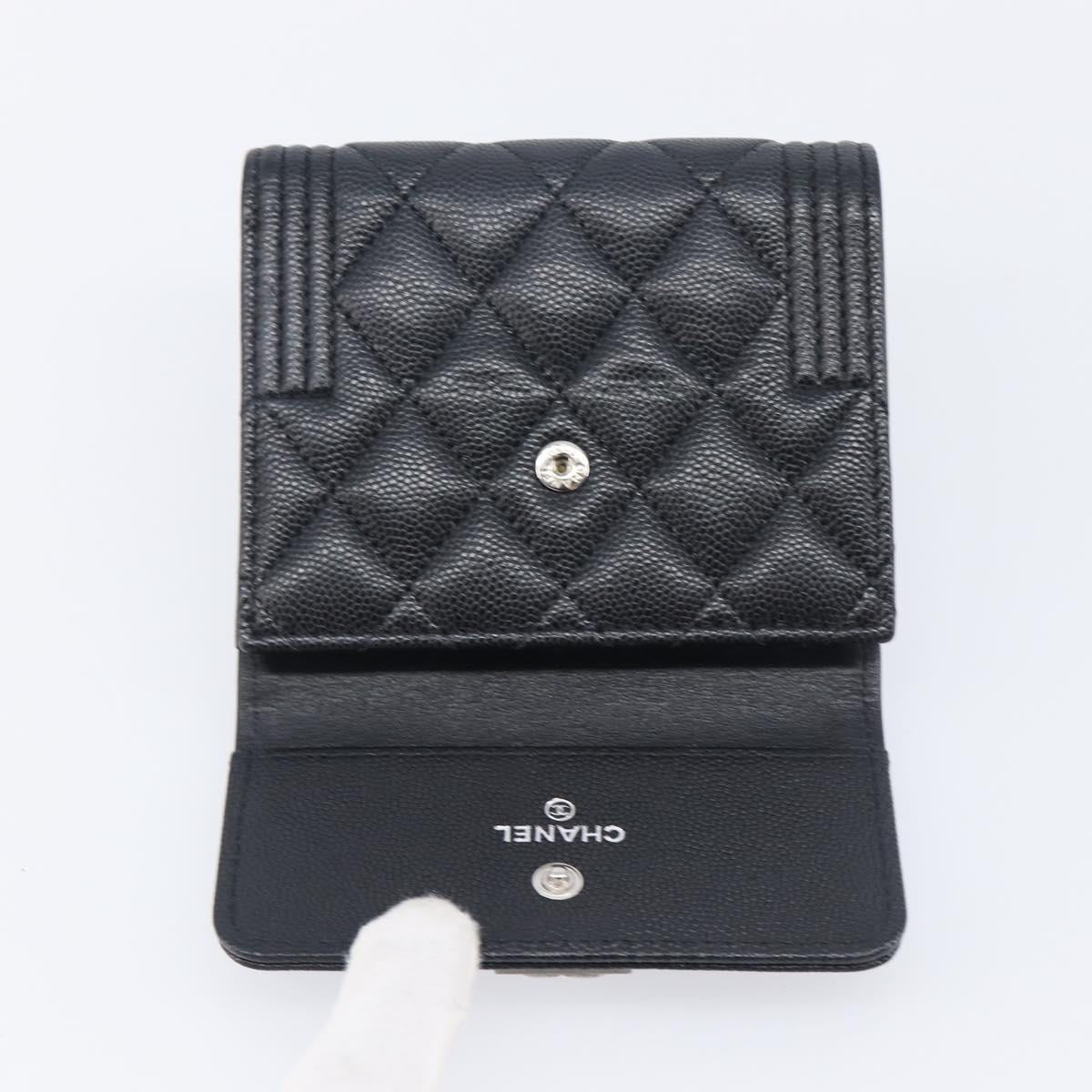 CHANEL Matelasse Compact Wallet Caviar Skin Black Silver CC Auth 207781V