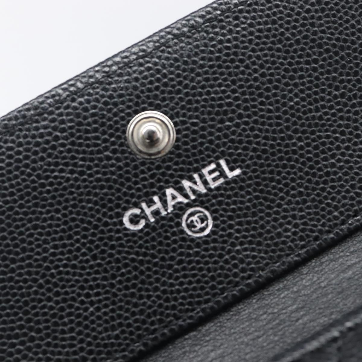 CHANEL Matelasse Compact Wallet Caviar Skin Black Silver CC Auth 207781V