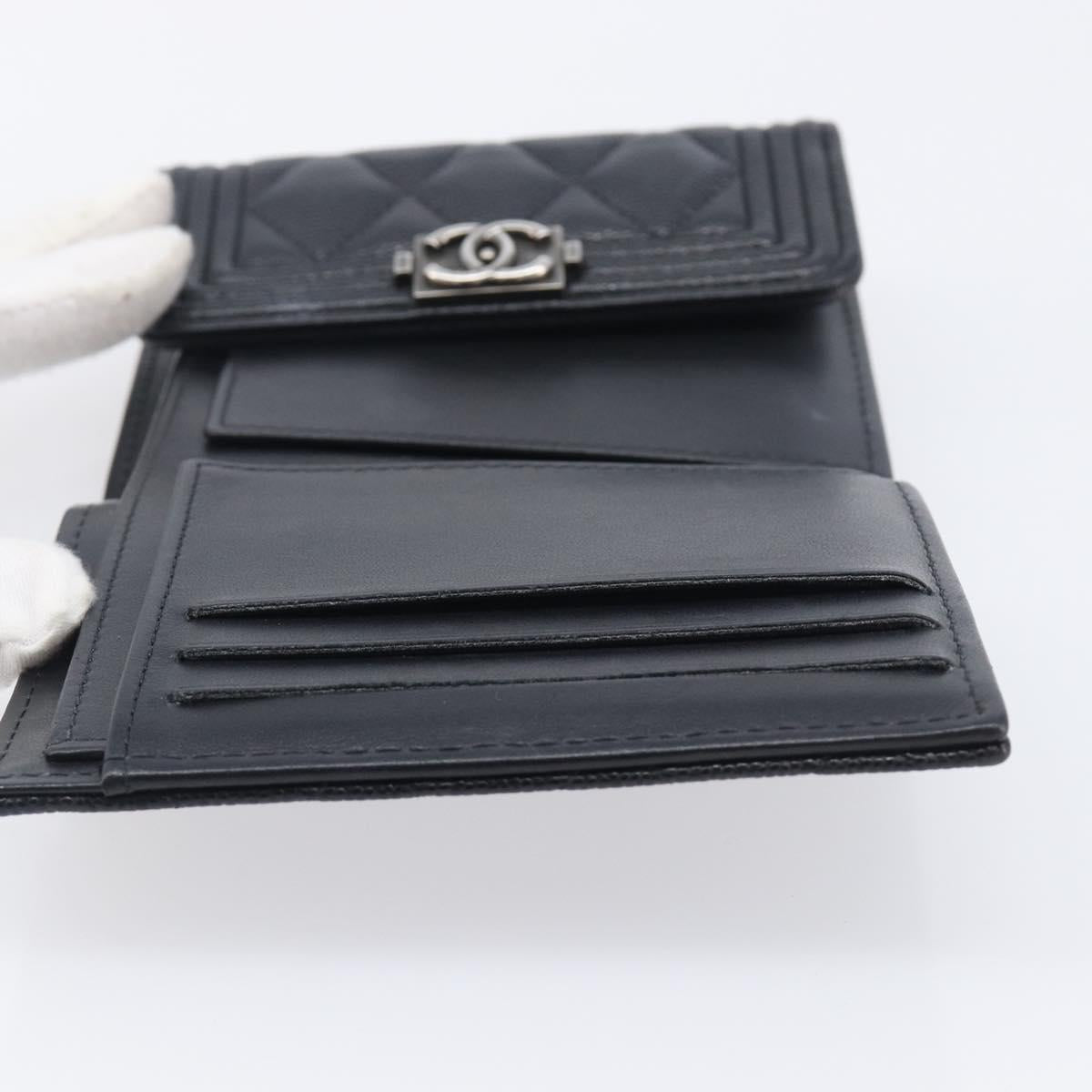 CHANEL Matelasse Compact Wallet Caviar Skin Black Silver CC Auth 207781V