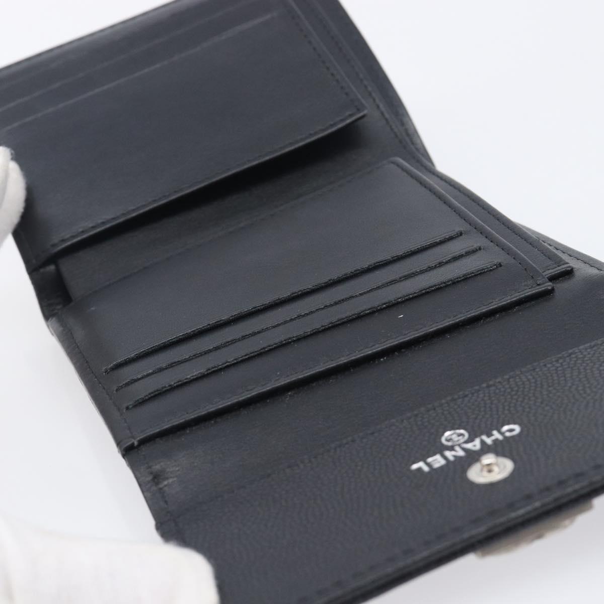 CHANEL Matelasse Compact Wallet Caviar Skin Black Silver CC Auth 207781V