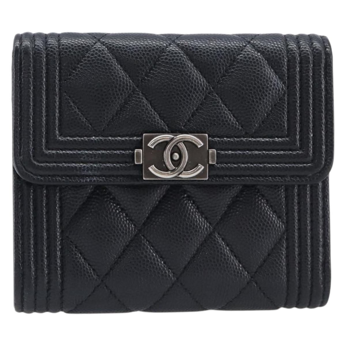 CHANEL Matelasse Compact Wallet Caviar Skin Black Silver CC Auth 207781V