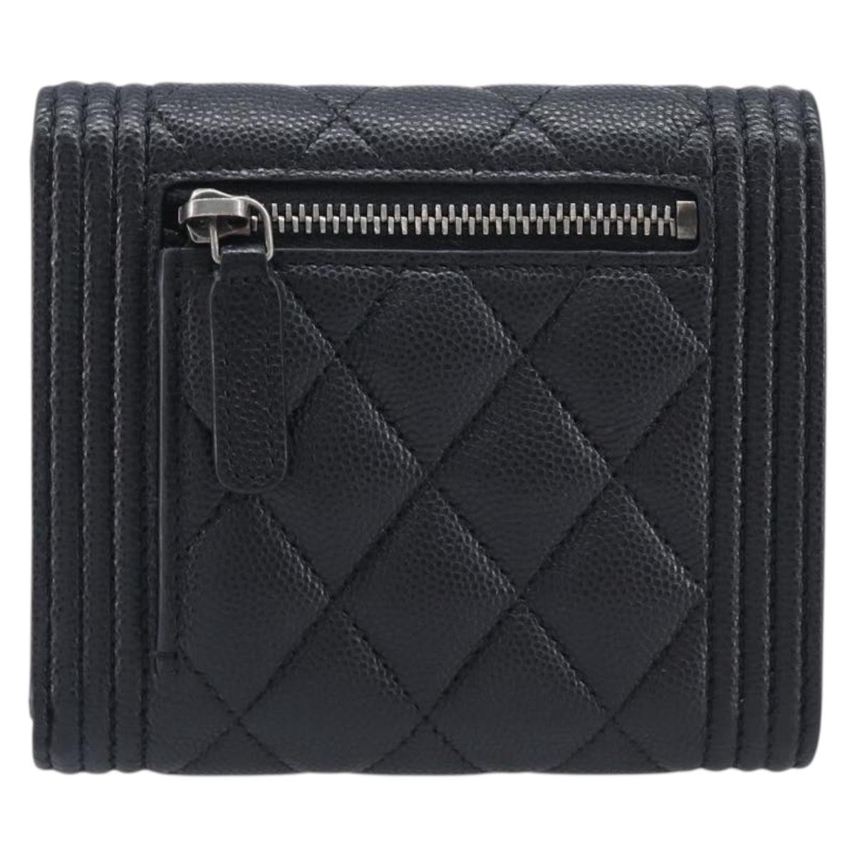 CHANEL Matelasse Compact Wallet Caviar Skin Black Silver CC Auth 207781V