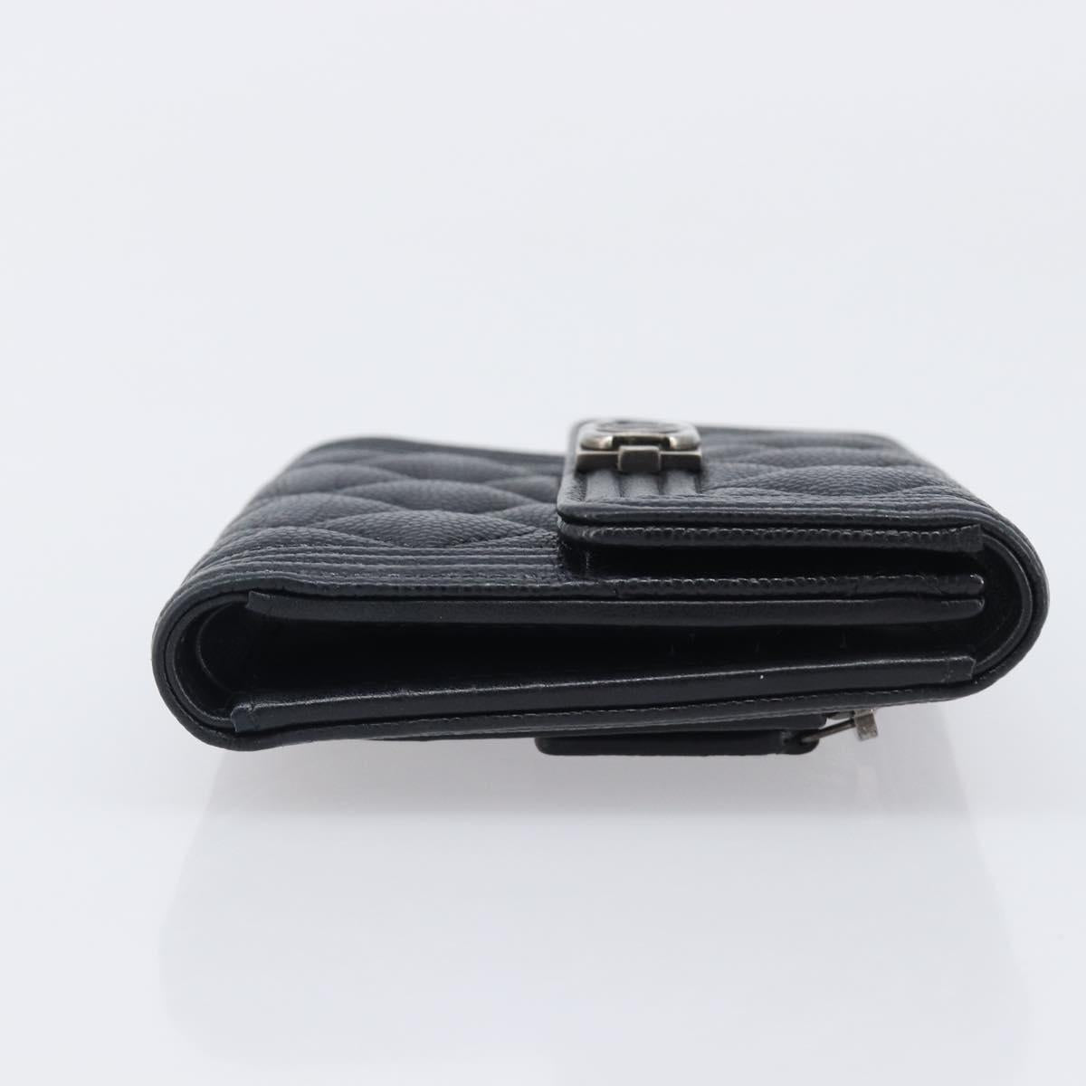 CHANEL Matelasse Compact Wallet Caviar Skin Black Silver CC Auth 207781V