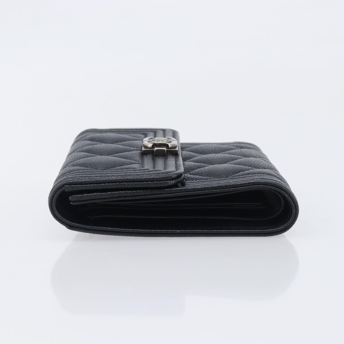 CHANEL Matelasse Compact Wallet Caviar Skin Black Silver CC Auth 207781V