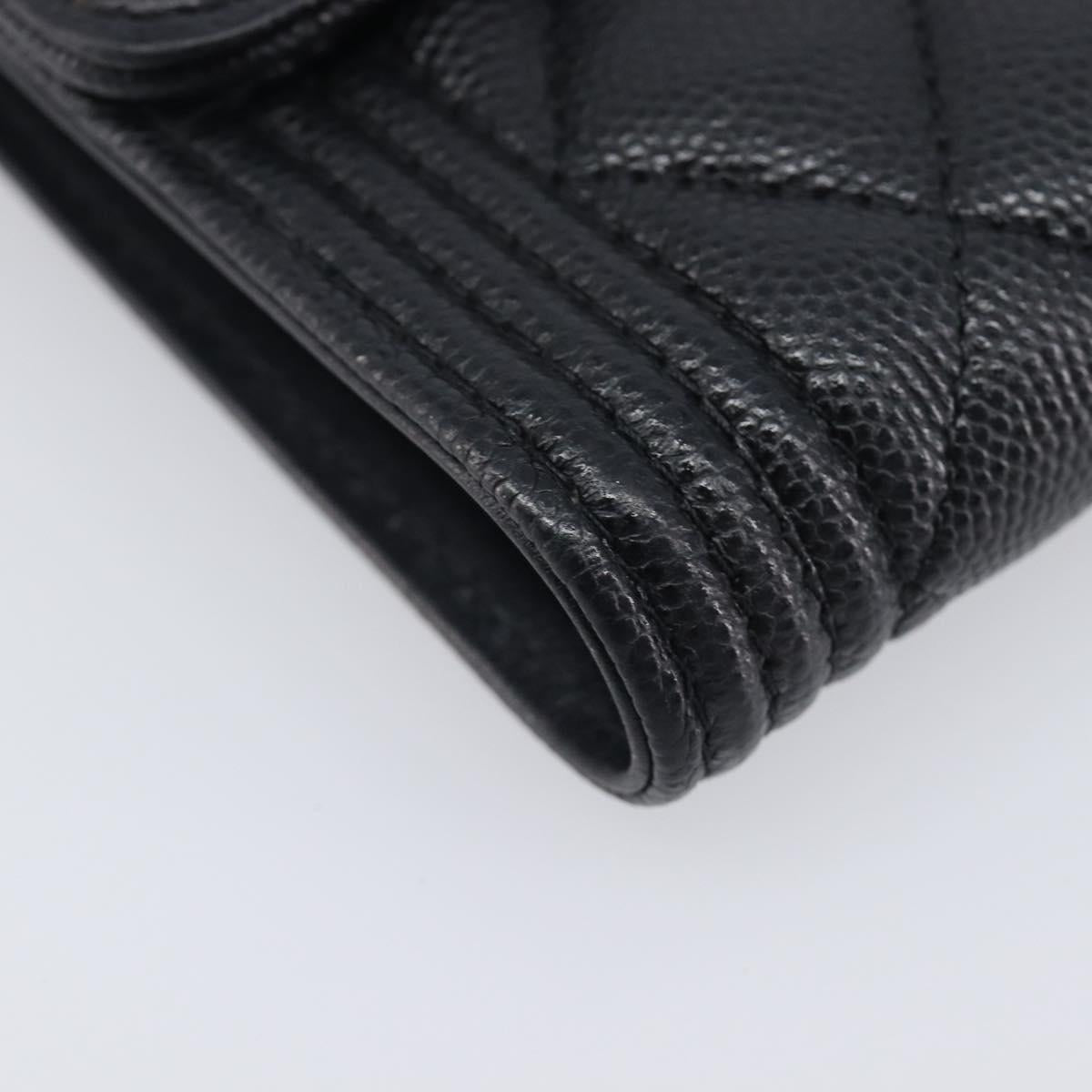 CHANEL Matelasse Compact Wallet Caviar Skin Black Silver CC Auth 207781V