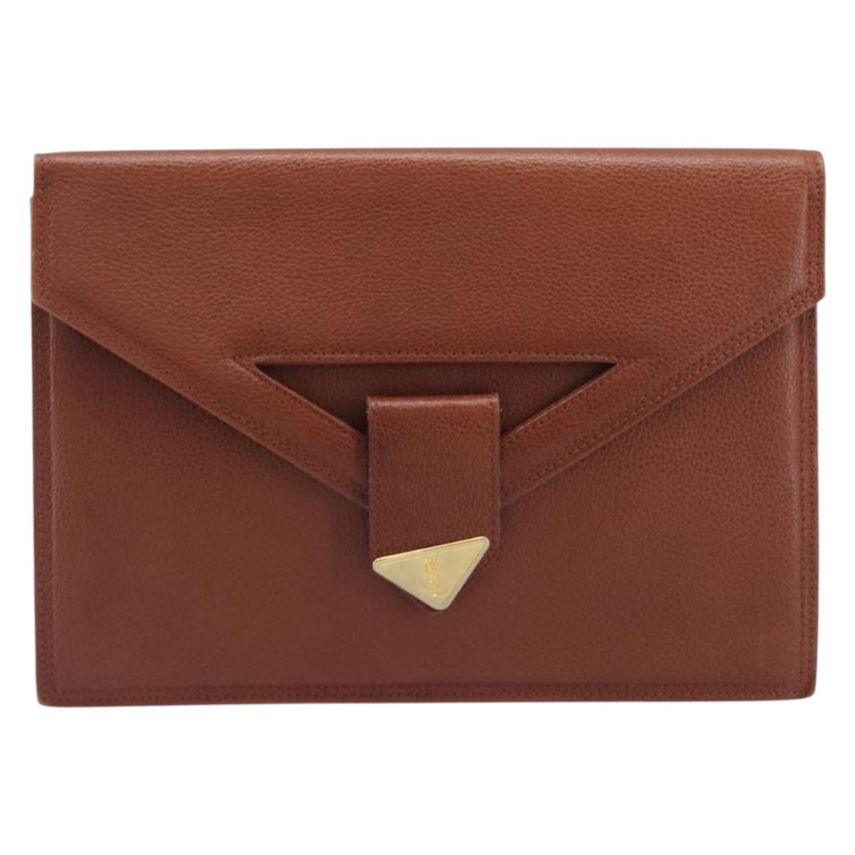 Saint Laurent Clutch Bag Leather Brown Gold Tone Auth 207791A