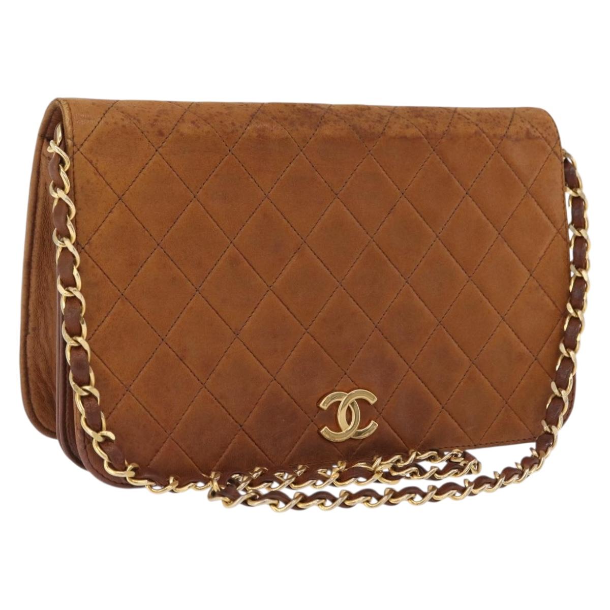 CHANEL Matelasse Chain Shoulder Bag Lamb Skin Brown Gold CC Auth 207806