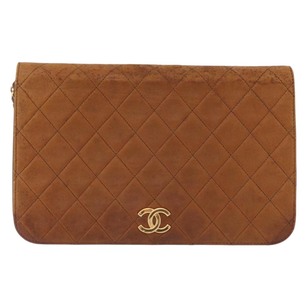 CHANEL Matelasse Chain Shoulder Bag Lamb Skin Brown Gold CC Auth 207806