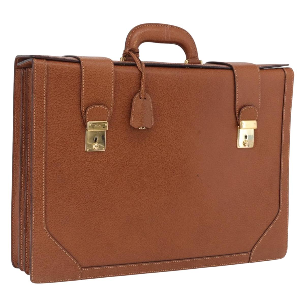 GUCCI Business Bag Leather Brown Gold Auth 207834