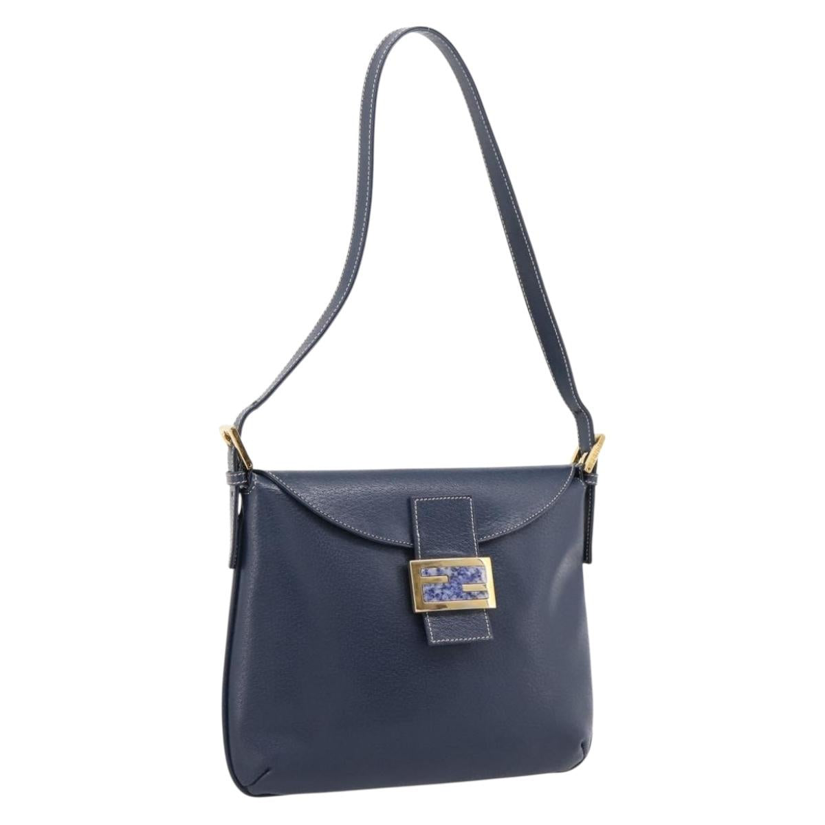 FENDI Mamma Baguette Shoulder Bag Leather Navy Gold Auth 207863SAV