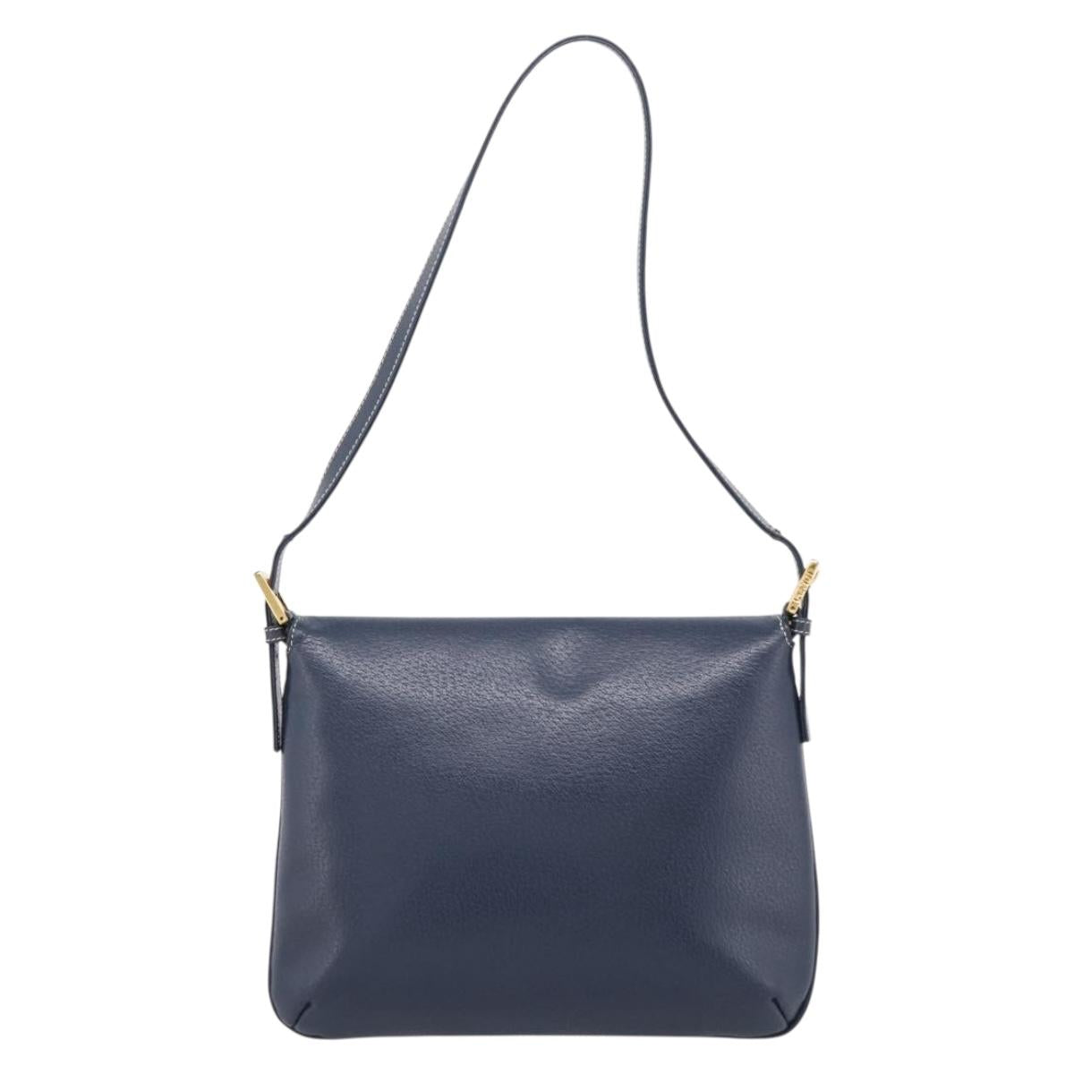 FENDI Mamma Baguette Shoulder Bag Leather Navy Gold Auth 207863SAV
