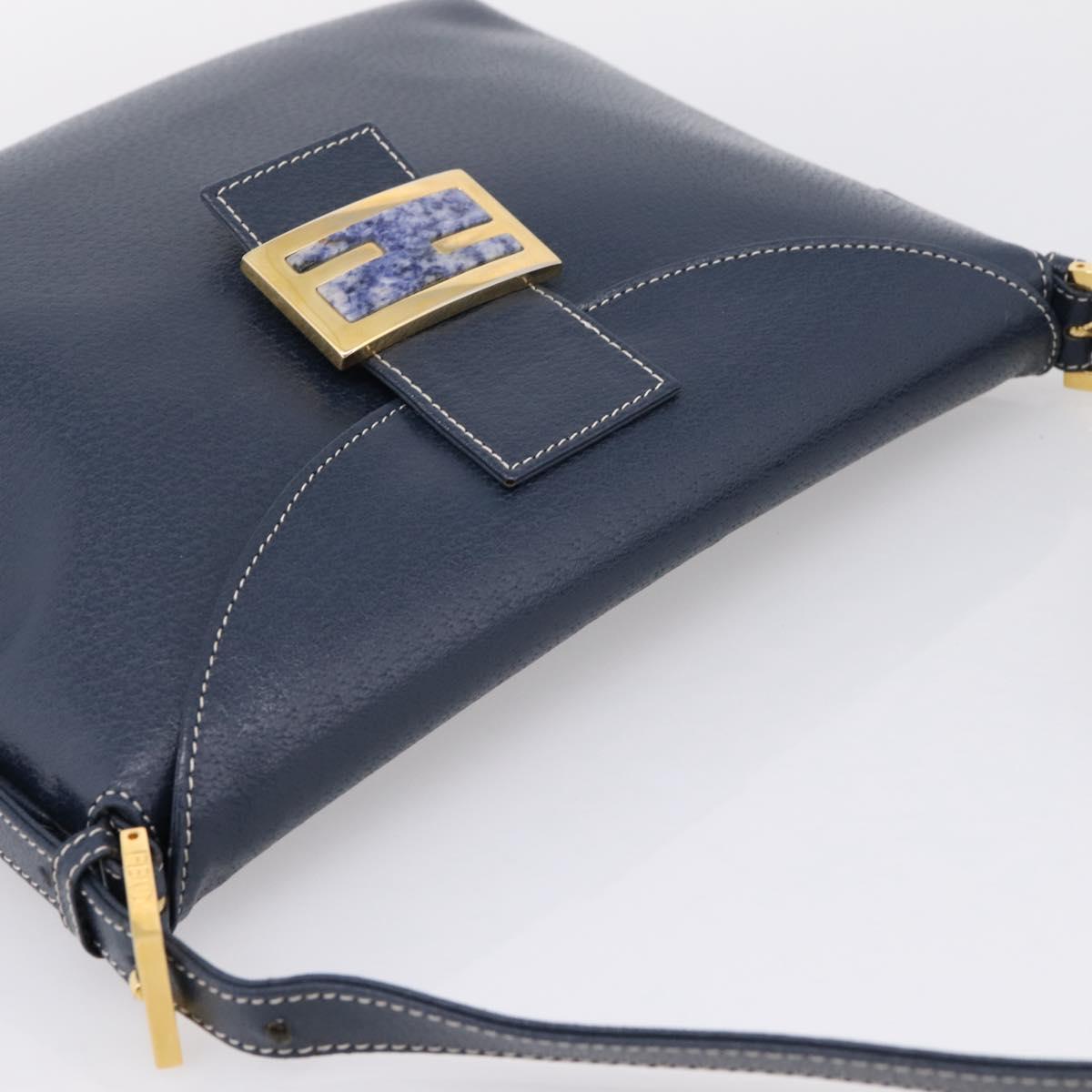 FENDI Mamma Baguette Shoulder Bag Leather Navy Gold Auth 207863SAV