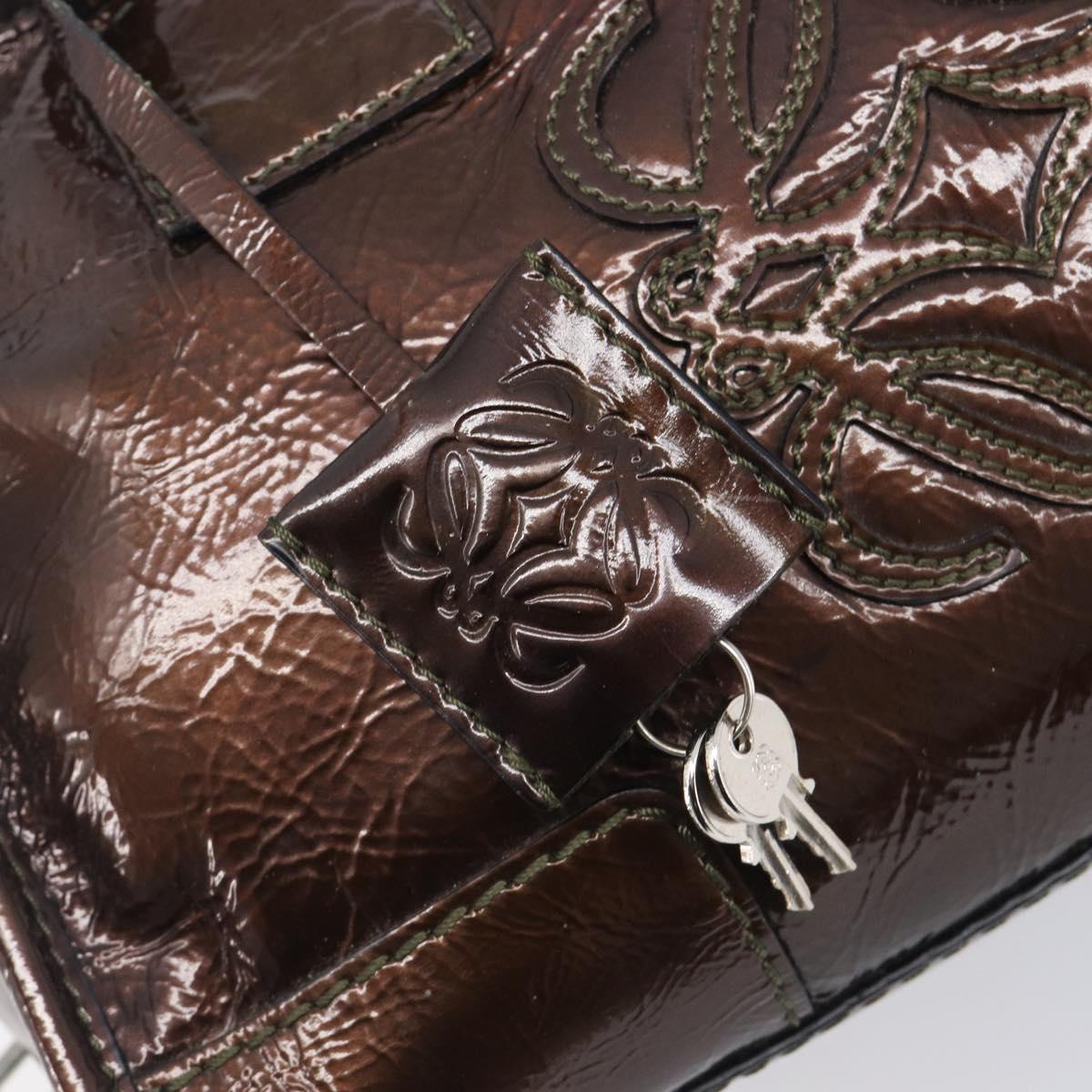 LOEWE Amazona 28 Hand Bag Patent Brown Silver Auth 207870A
