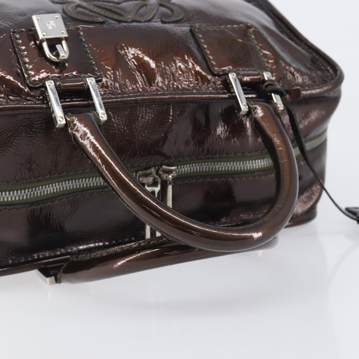 LOEWE Amazona 28 Hand Bag Patent Brown Silver Auth 207870A