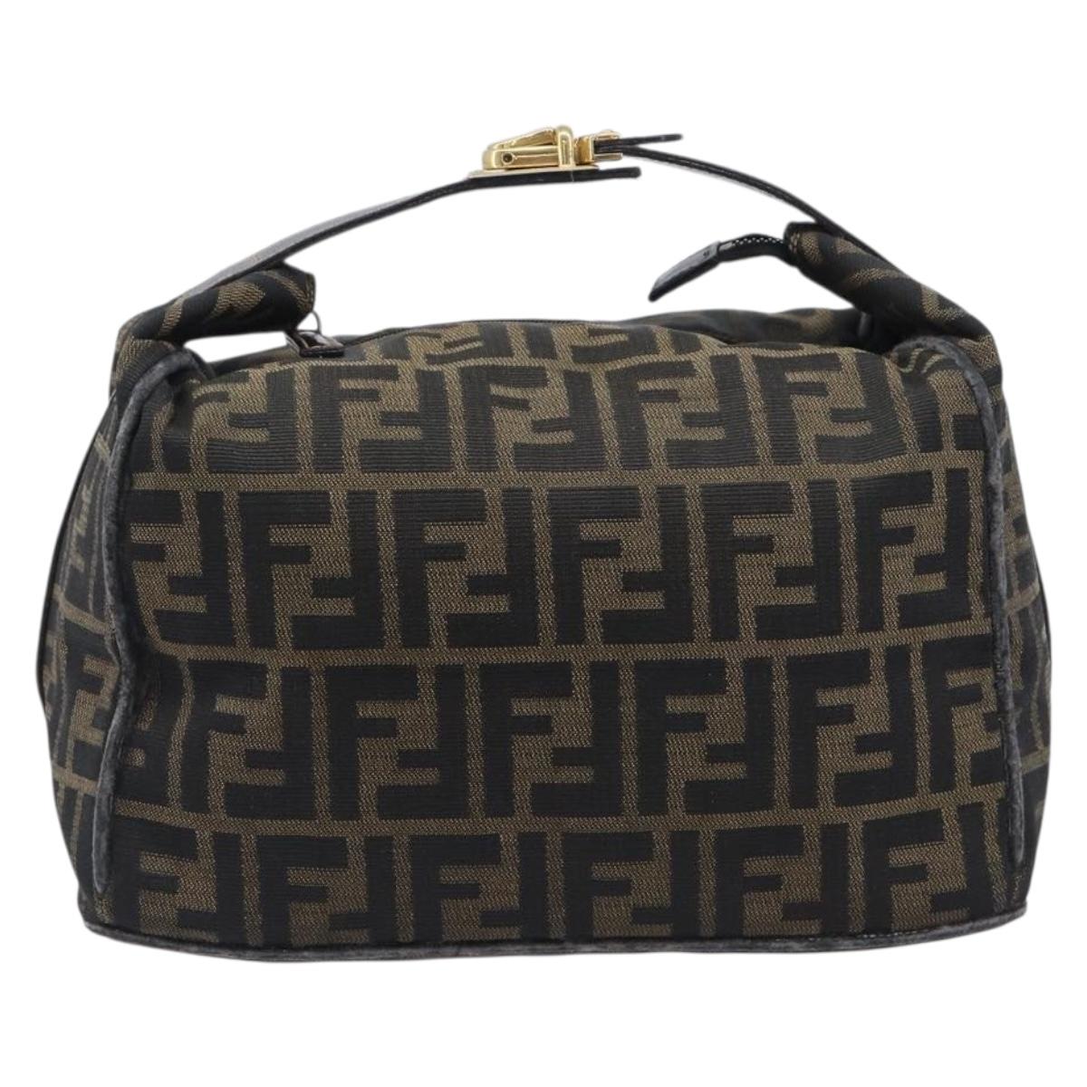 FENDI Zucca Canvas Vanity Cosmetic Pouch Brown Gold Tone Auth 207871