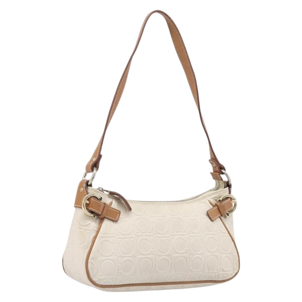 Salvatore Ferragamo Gancini Accessory Pouch PVC Leather Ivory Silver Auth 207879