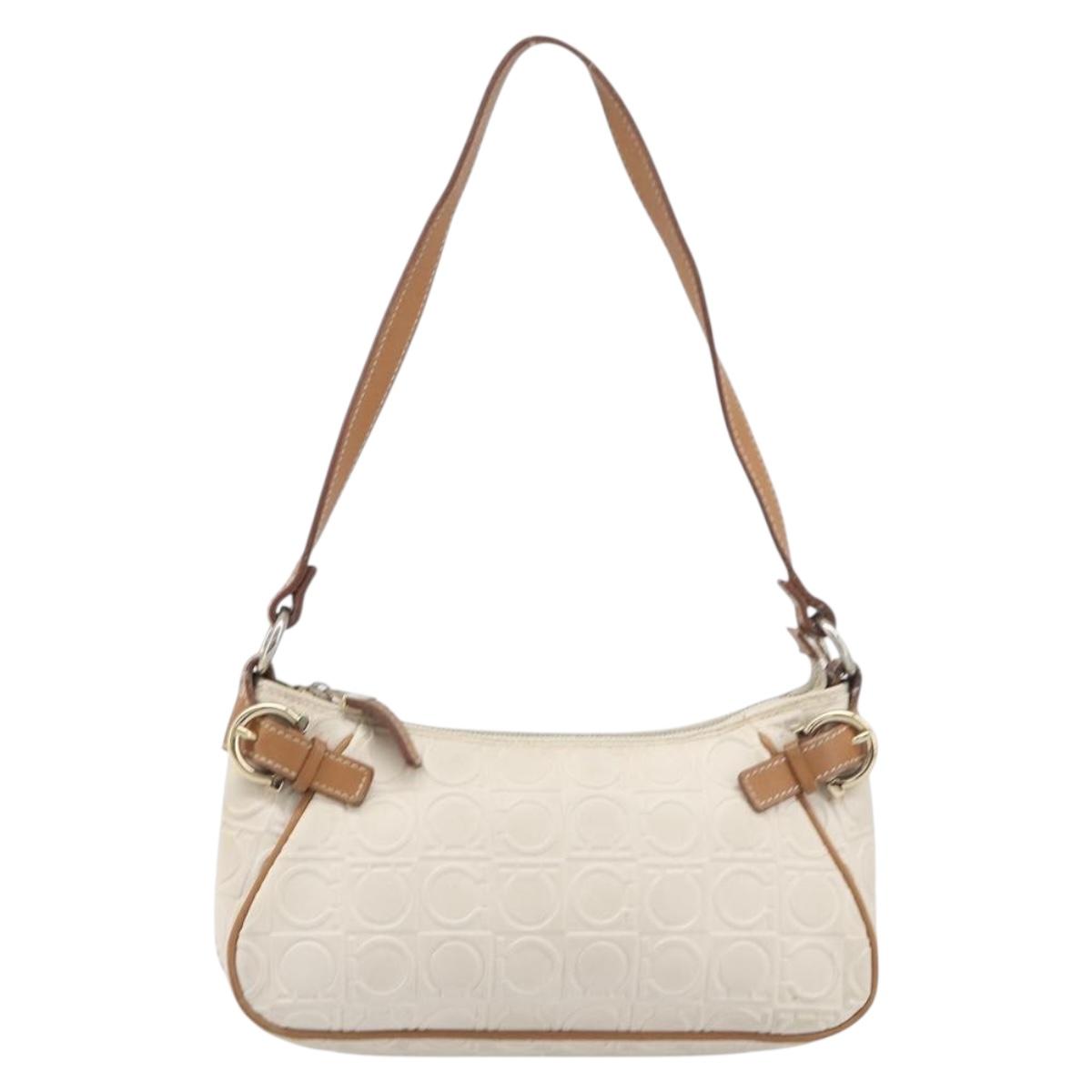 Salvatore Ferragamo Gancini Accessory Pouch PVC Leather Ivory Silver Auth 207879