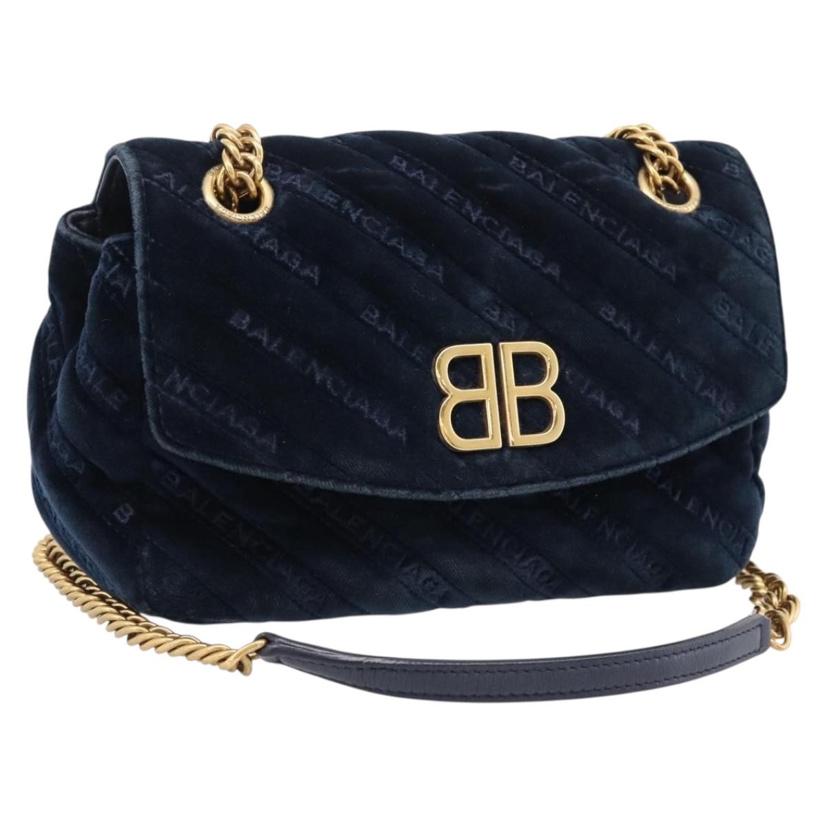 Balenciaga BB Round Chain Shoulder Bag Velor Navy Gold Auth 207889M