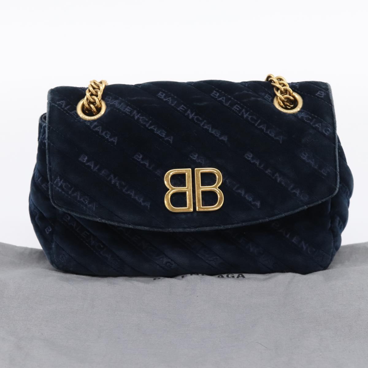 Balenciaga BB Round Chain Shoulder Bag Velor Navy Gold Auth 207889M