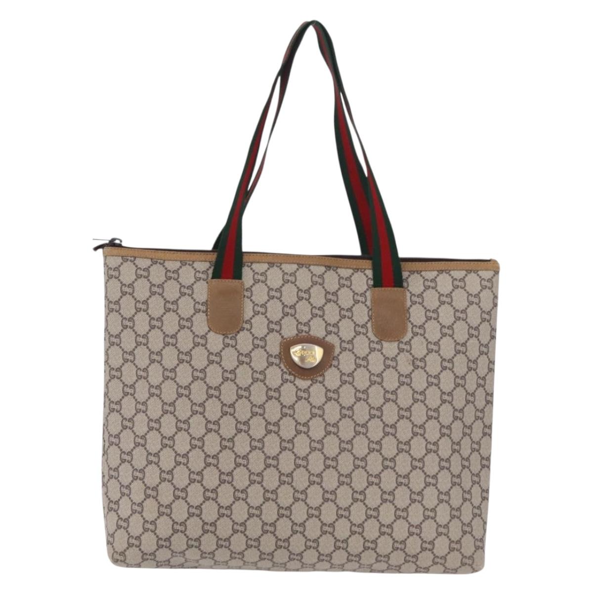 GUCCI GG Plus Supreme Web Sherry Line Tote Bag PVC Beige Gold Auth 207895