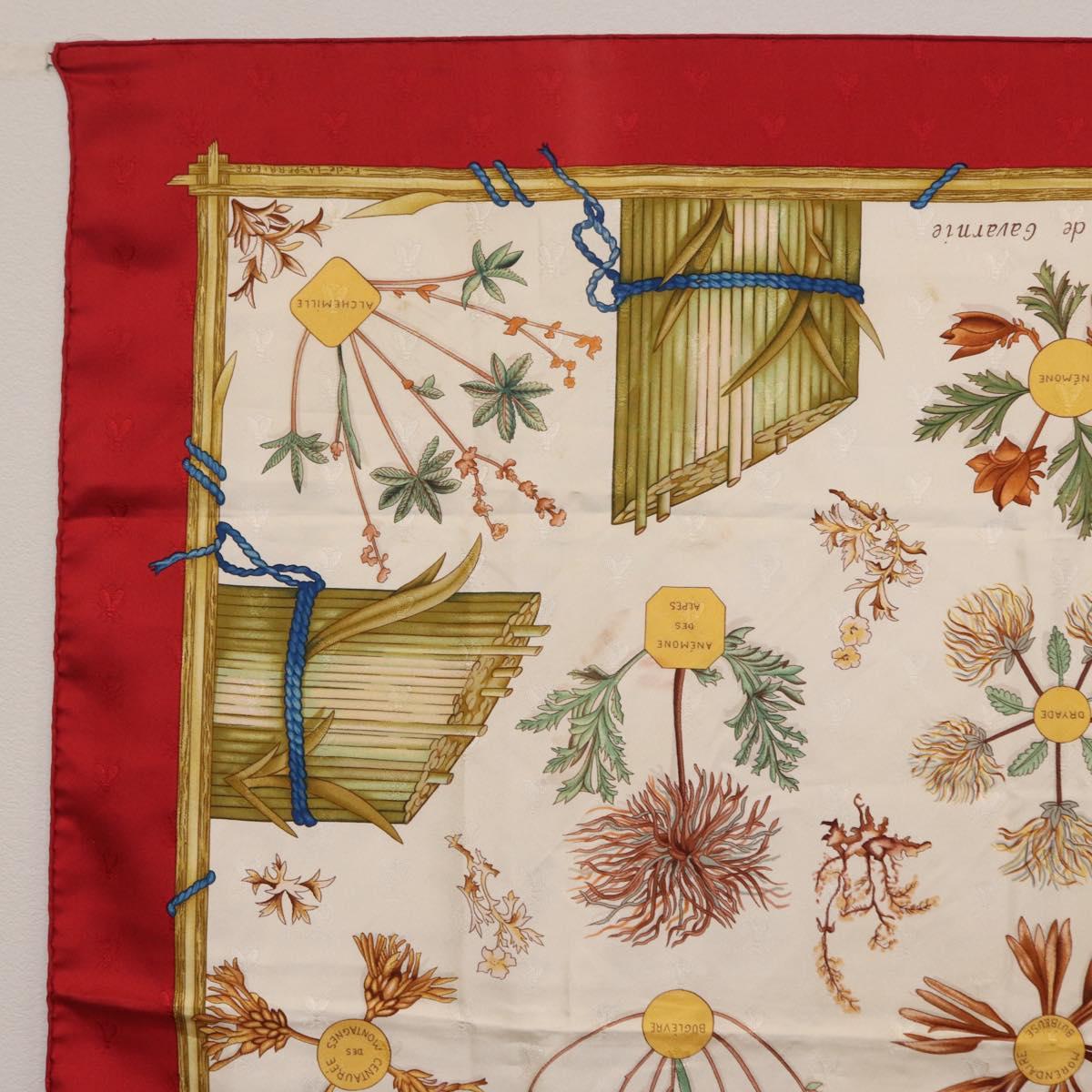 HERMES Carre 90 Scarf Silk Red White ""Herbier de Gavarnie"" Auth 207904