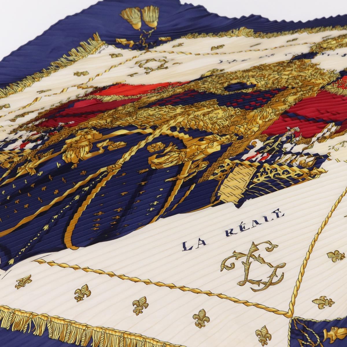 HERMES Pleated Carre 90 ""VUE DU CARROSSE DE LA GALERE LA REALE"" Auth 207905