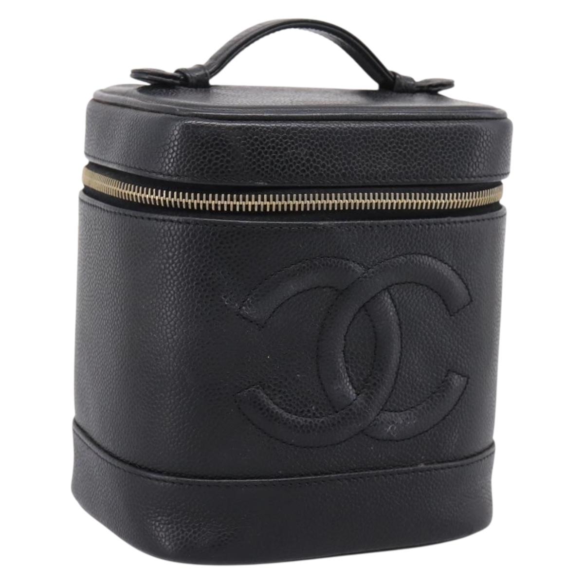 CHANEL Vanity Hand Bag Caviar Skin Black Gold CC Auth 207913