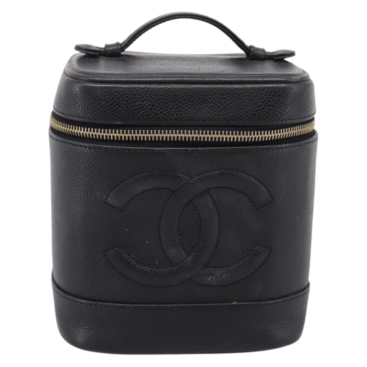 CHANEL Vanity Hand Bag Caviar Skin Black Gold CC Auth 207913