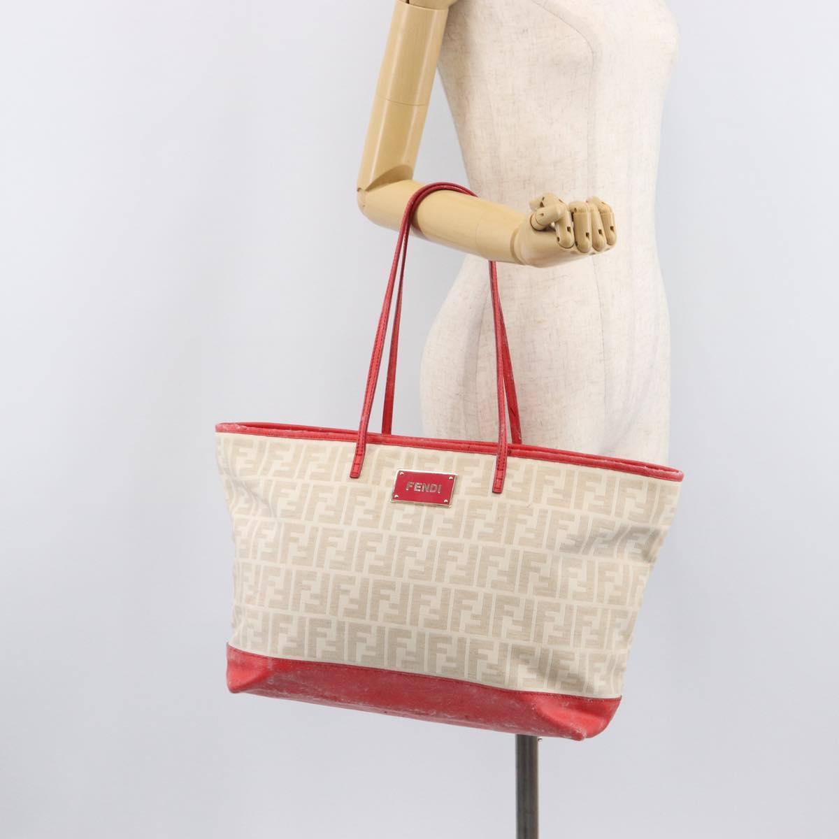 FENDI Zucca Canvas Tote Bag Beige Red 8BH185 Auth 207928