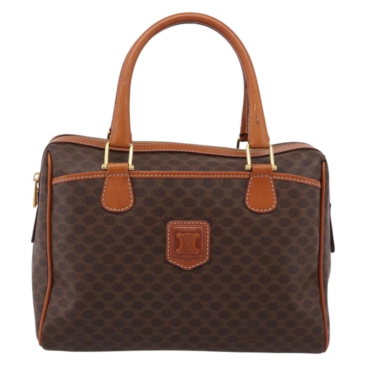 CELINE Macadam Canvas Boston Bag PVC Leather Brown Gold Auth 207973A