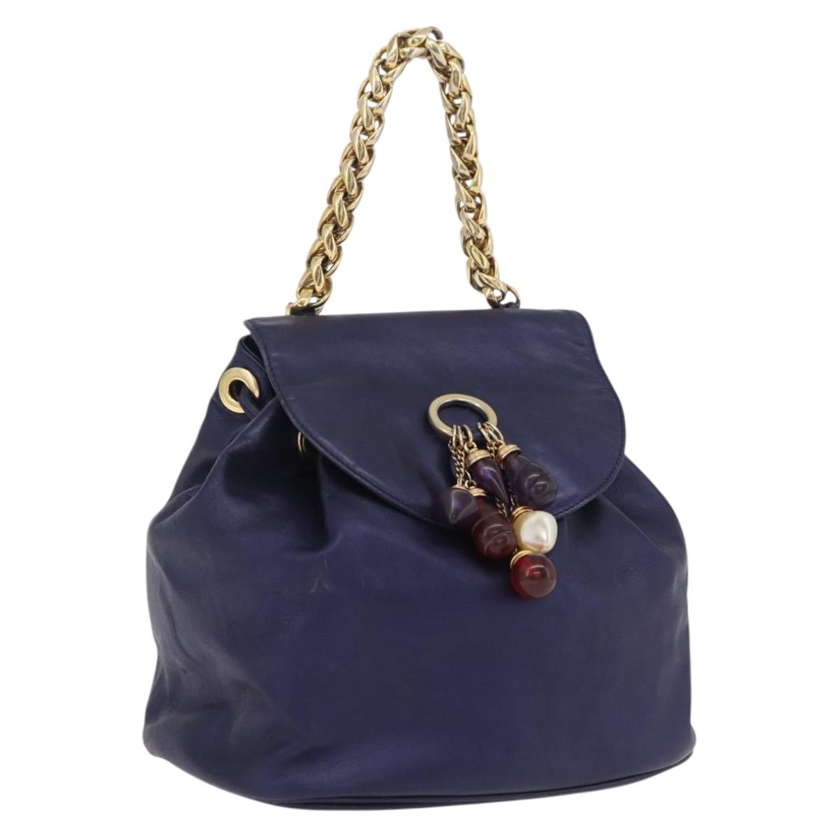 LOEWE Chain Hand Bag Leather Navy Gold Auth 207974