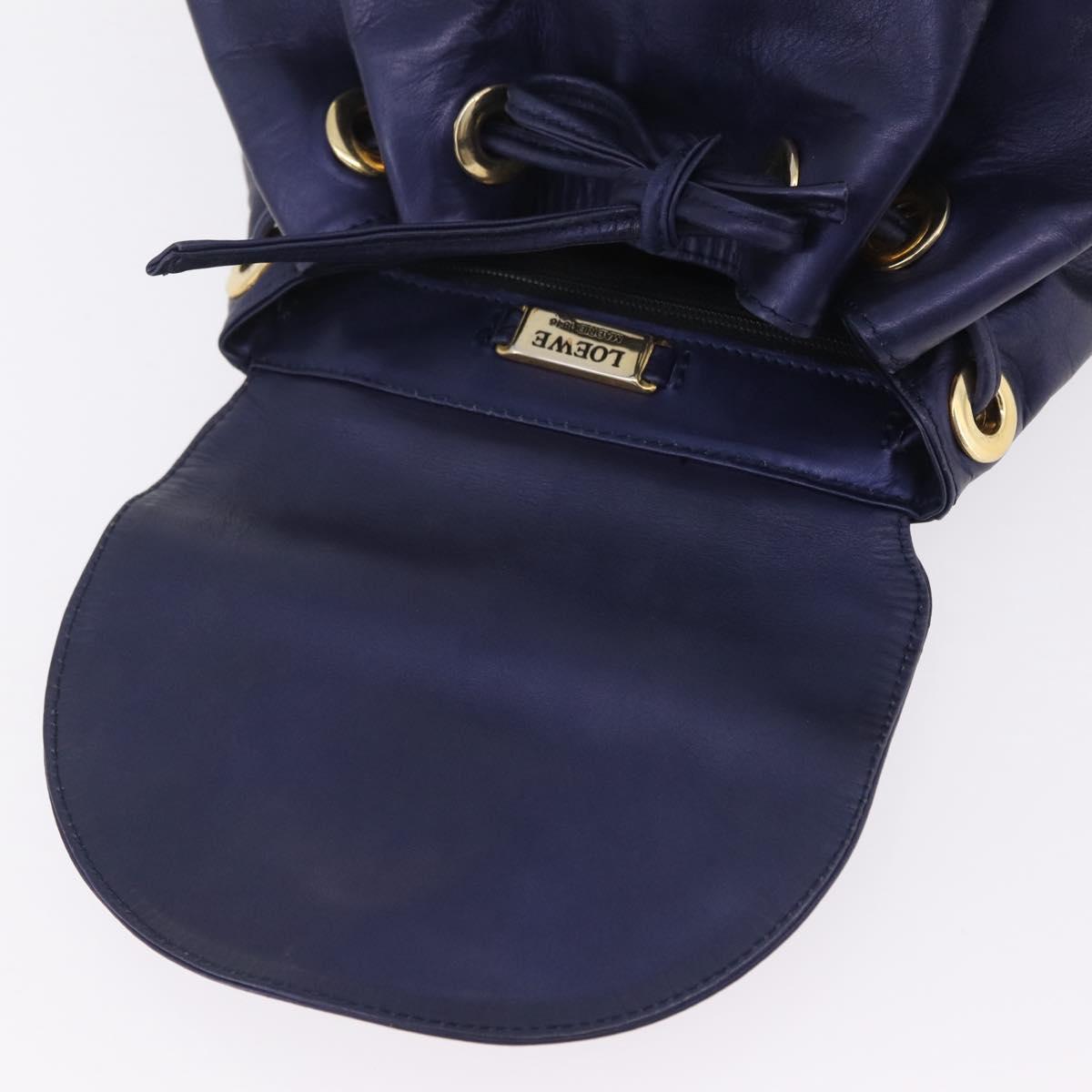 LOEWE Chain Hand Bag Leather Navy Gold Auth 207974
