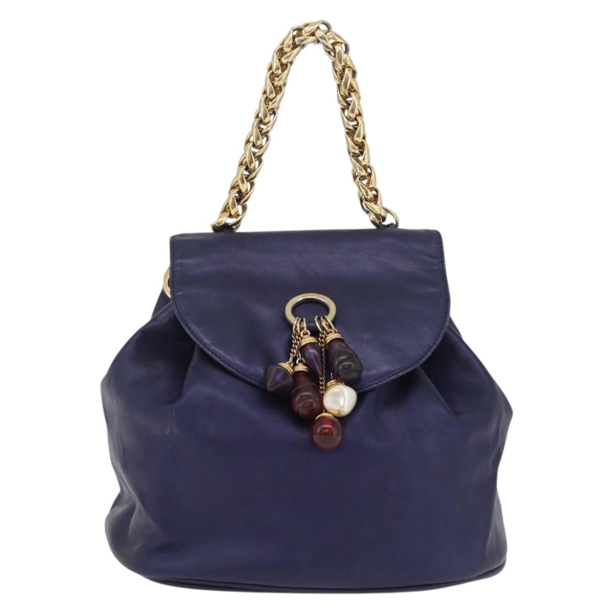 LOEWE Chain Hand Bag Leather Navy Gold Auth 207974