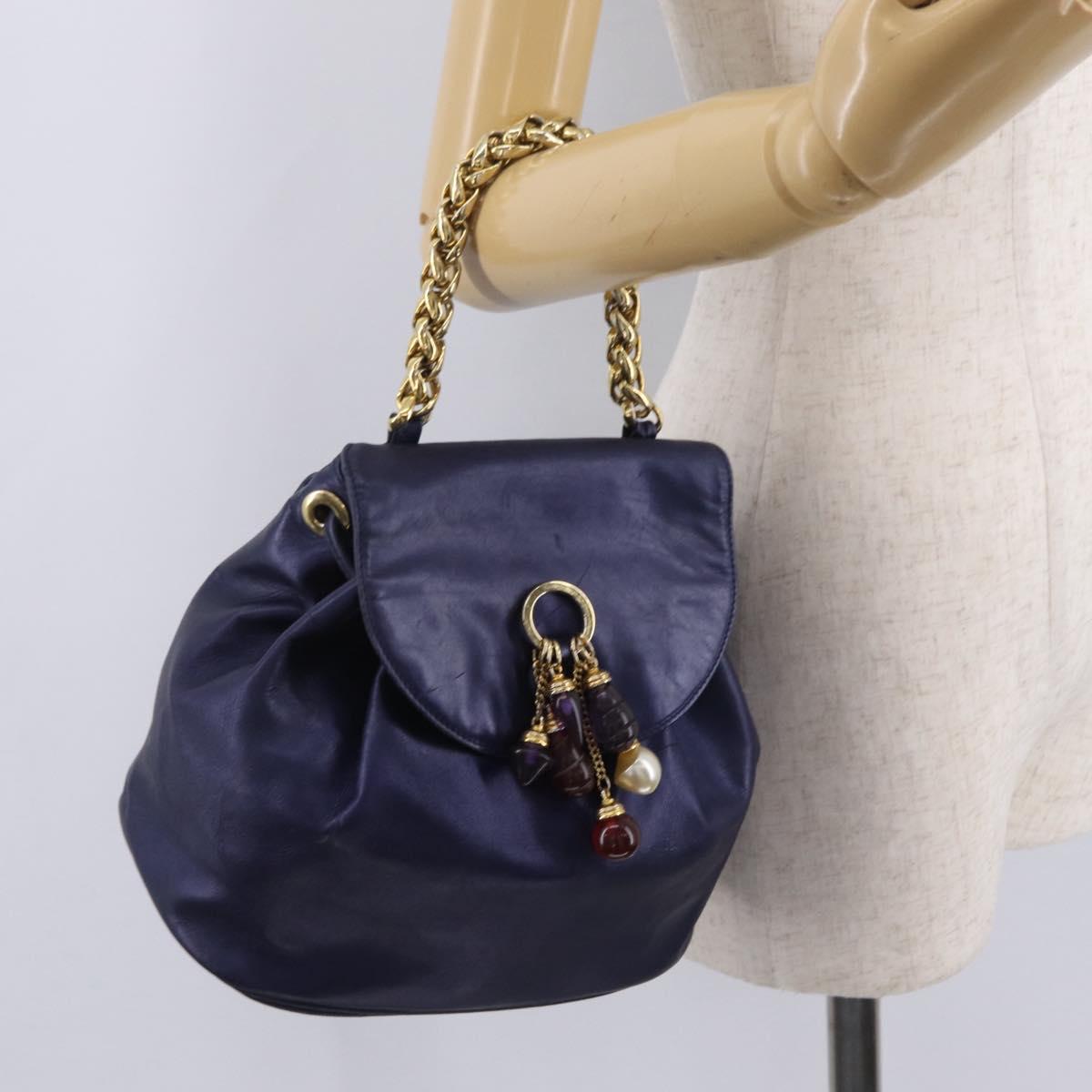 LOEWE Chain Hand Bag Leather Navy Gold Auth 207974