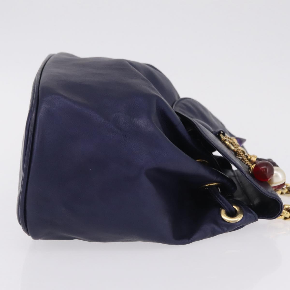 LOEWE Chain Hand Bag Leather Navy Gold Auth 207974
