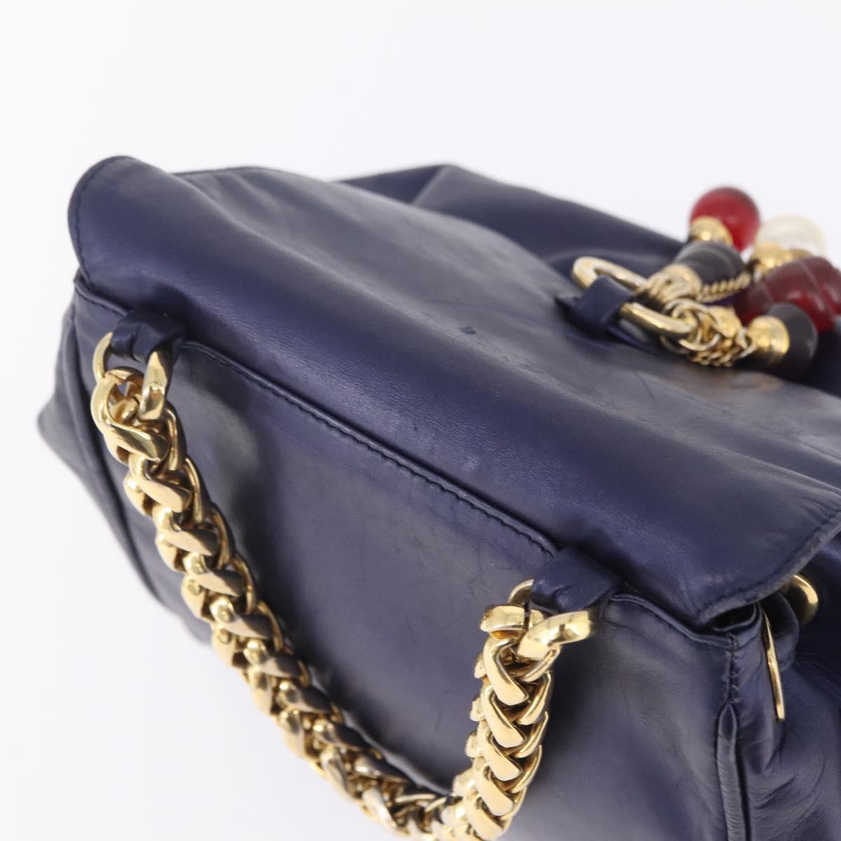 LOEWE Chain Hand Bag Leather Navy Gold Auth 207974