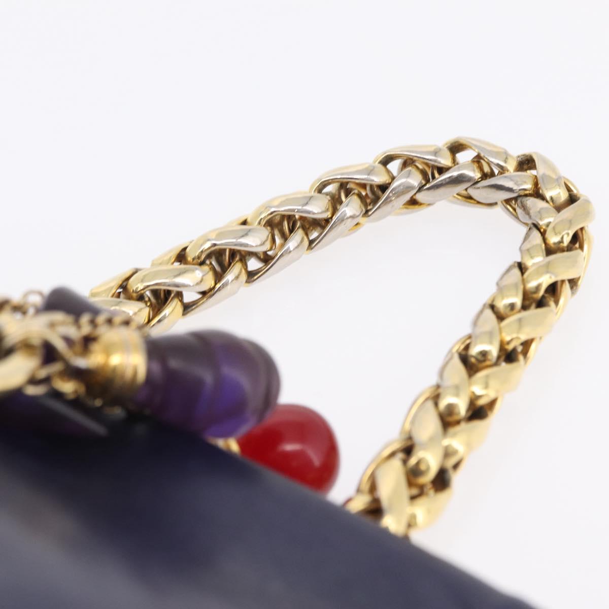LOEWE Chain Hand Bag Leather Navy Gold Auth 207974
