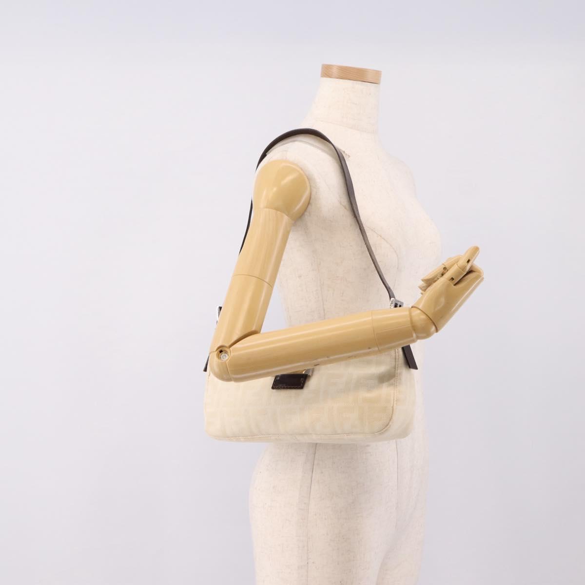 FENDI Zucca Canvas Mamma Baguette Shoulder Bag Ivory Silver Auth 207980A