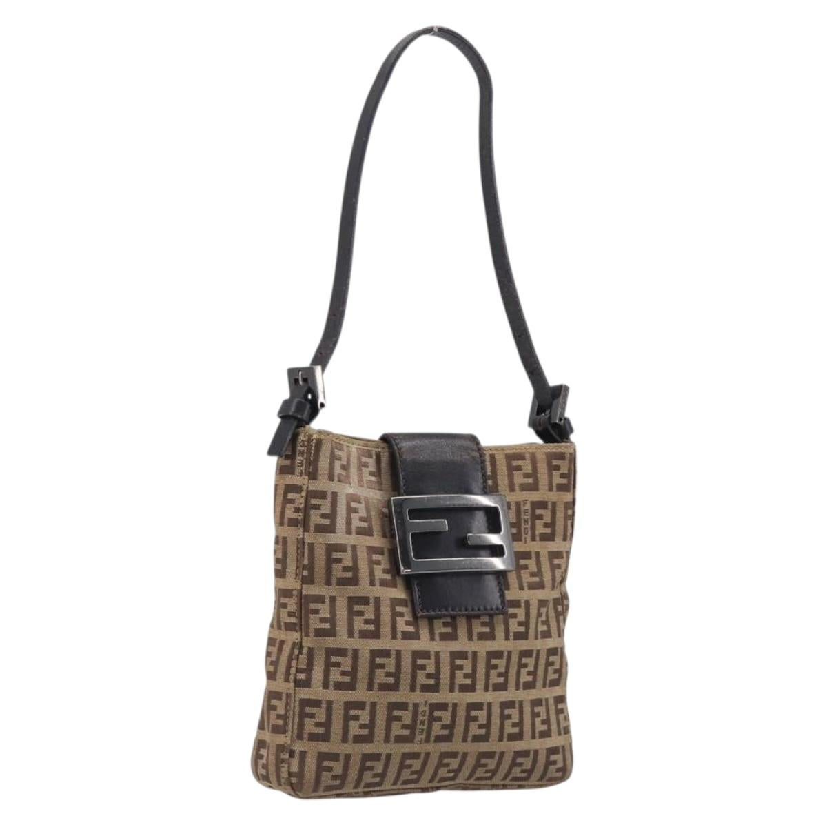 FENDI Zucchino Canvas Mamma Baguette Hand Bag Brown Silver Auth 207982