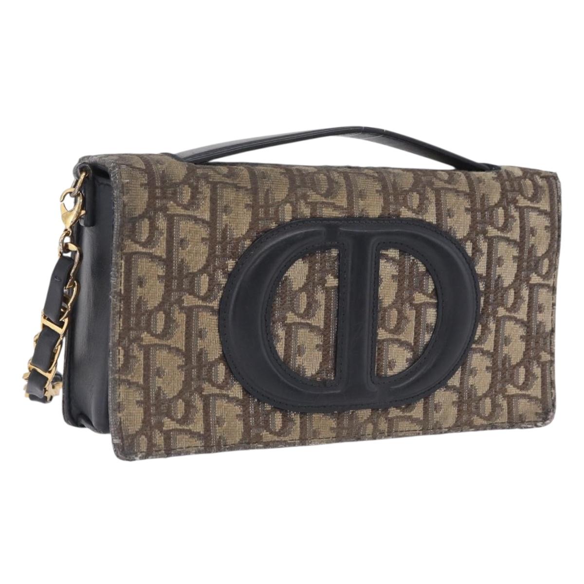 Christian Dior Trotter Canvas Chain Shoulder Bag Navy Gold Auth 207989