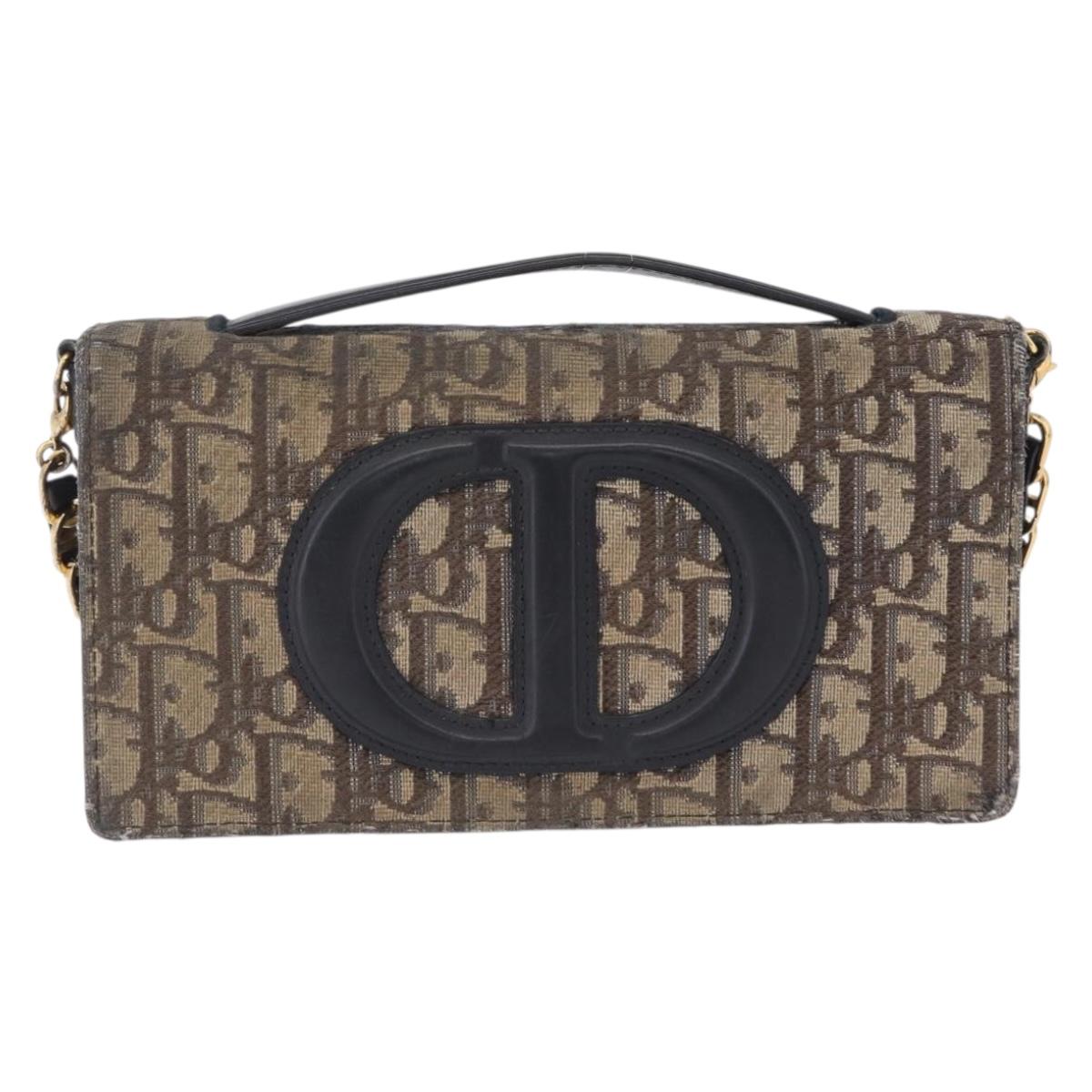 Christian Dior Trotter Canvas Chain Shoulder Bag Navy Gold Auth 207989